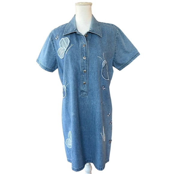 Blue J Denim Dress Womens Size L Short Sleeve Applique Butterflies Vintage - Picture 2 of 10